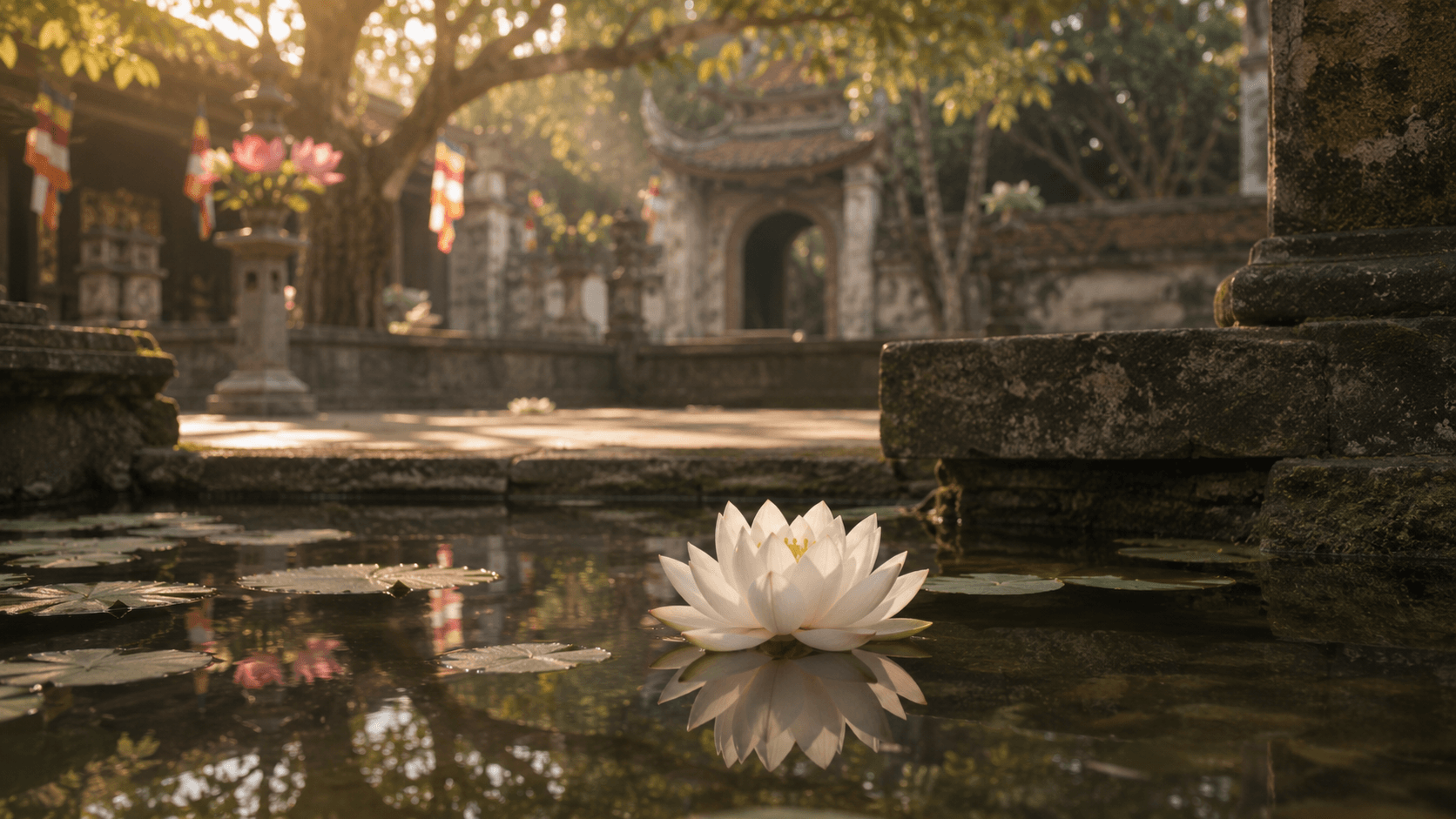 Hoa sen trắng trong sân chùa ngày Phật Đản