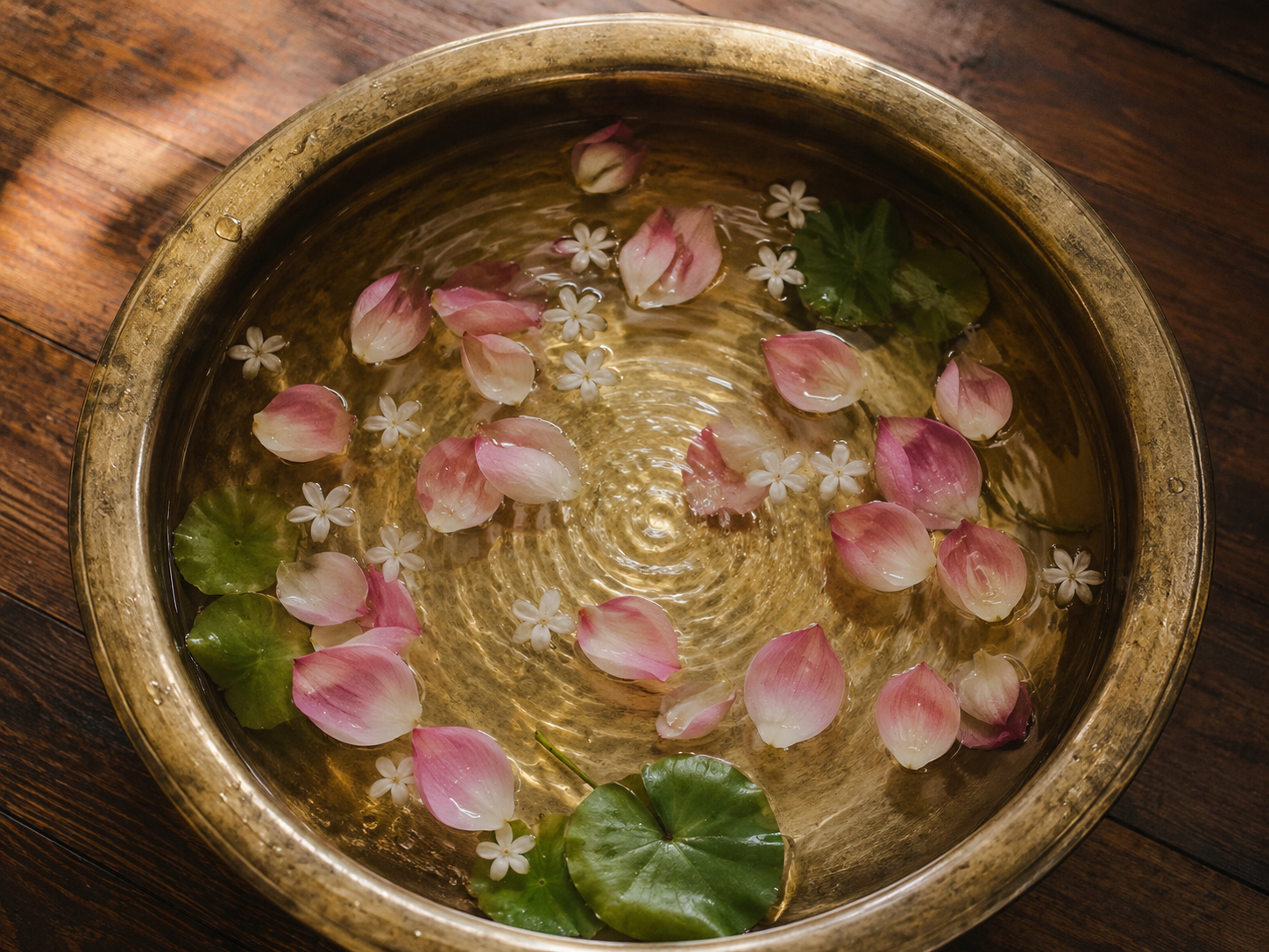 Bồn đồng với cánh sen và hoa nhài nổi trên mặt nước, nhìn từ trên xuống