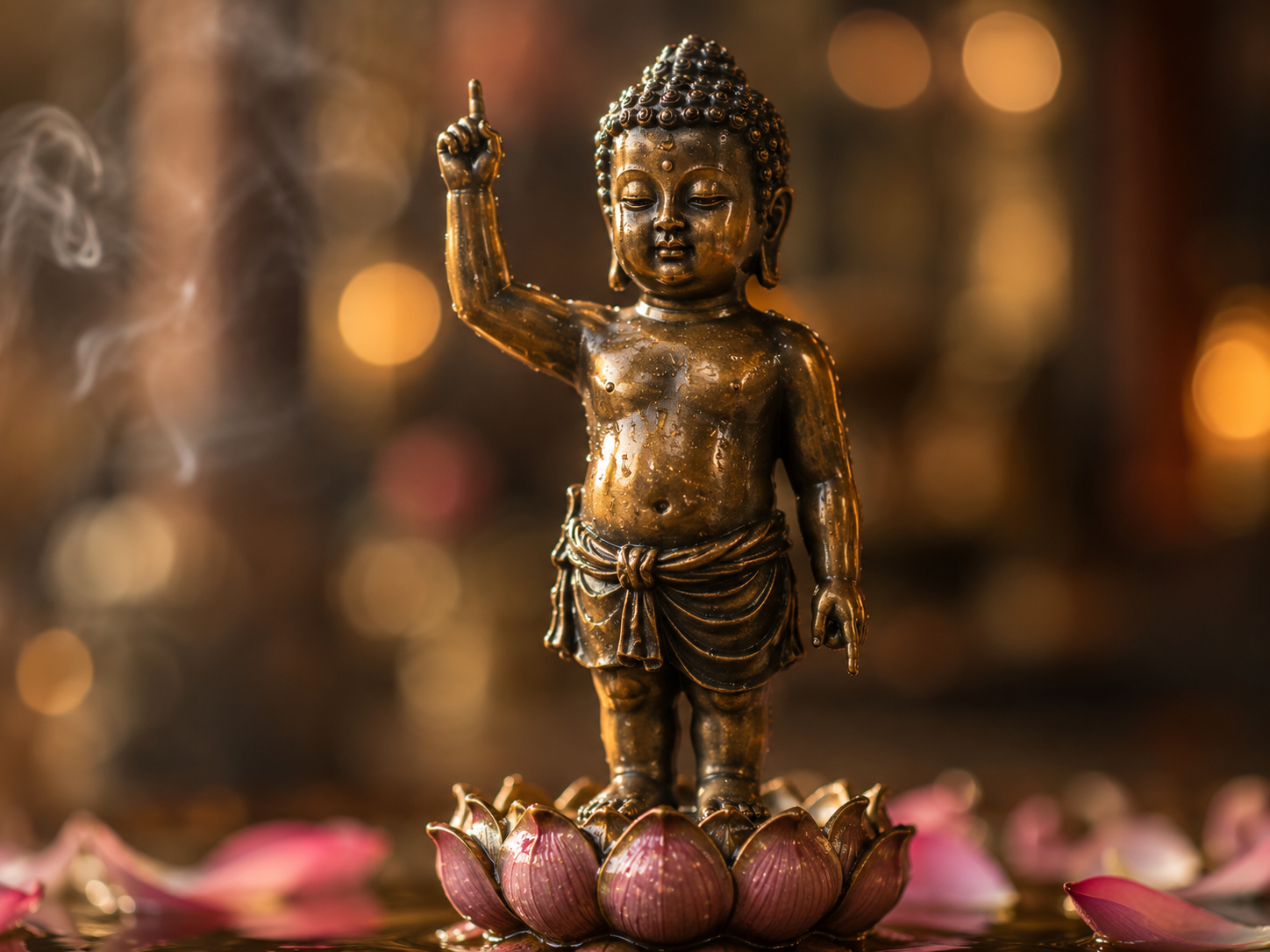 Tượng Phật sơ sinh bằng đồng đứng trên đài sen, tay phải chỉ trời tay trái chỉ đất